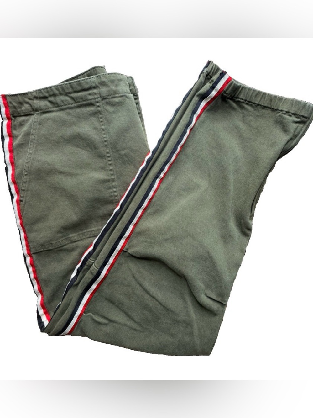 Pam & Gela Olive Green Ankle Pants with Red, White & Navy Side Stripe